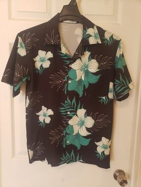 Men's Black Floral Camp Shirt with Teal & White Blooms